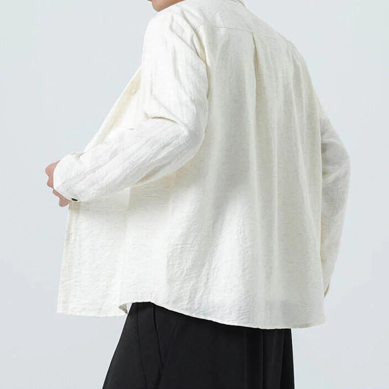 Buddha Stones Vintage Plain Buttons Down Stand Collar Long Sleeve Men's Cotton Shirt