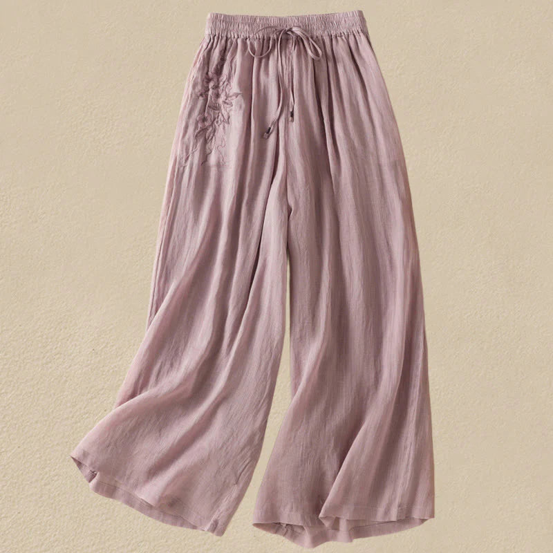 Buddha Stones Commute Embroidery Drawstring Women's Cotton Wide Leg Pants With Pockets
