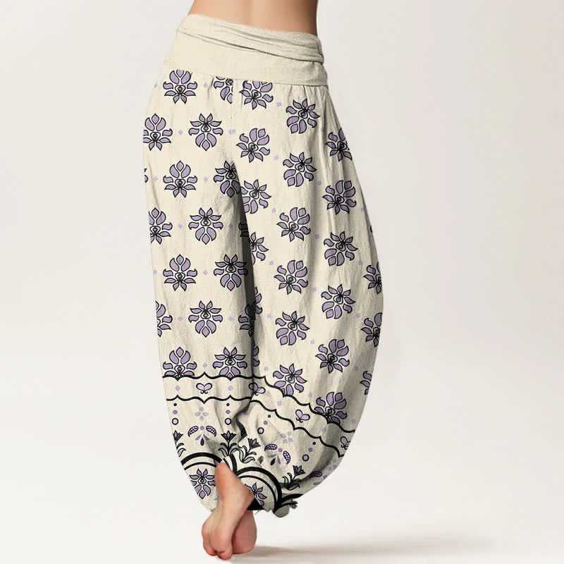 Buddha Stones Floral Pattern Pure Cotton Women's Harem Elastic High Waist Pants