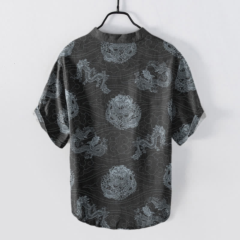 Buddha Stones Cotton Dragon Print Men's Short Sleeve Half Button Shirt