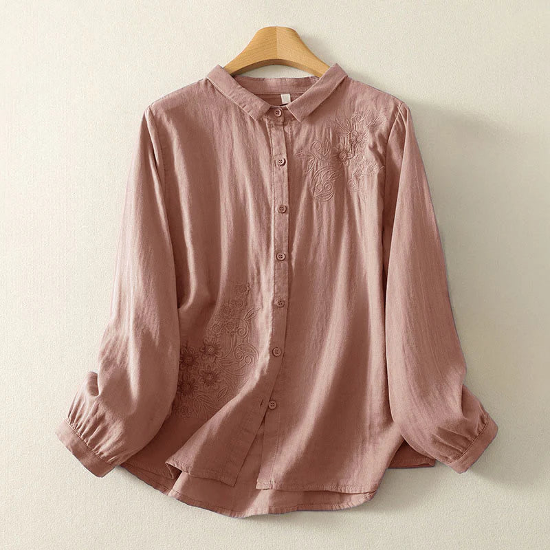Buddha Stones Embroidered Flower Vine Pattern Long Sleeve Women's Lapel Shirt