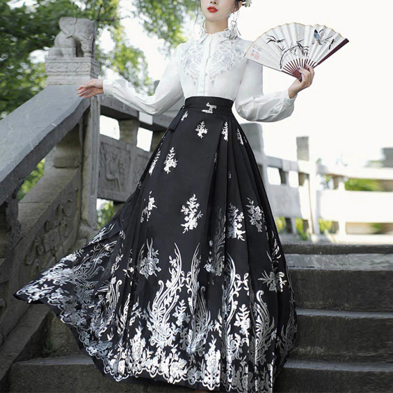 Buddha Stones Flowers Leaves Feathers Long Sleeve Shirt Top Chinese Hanfu Ming Dynasty Horse Face Skirt Mamianqun Skirt (Extra 30% Off | USE CODE: FS30)