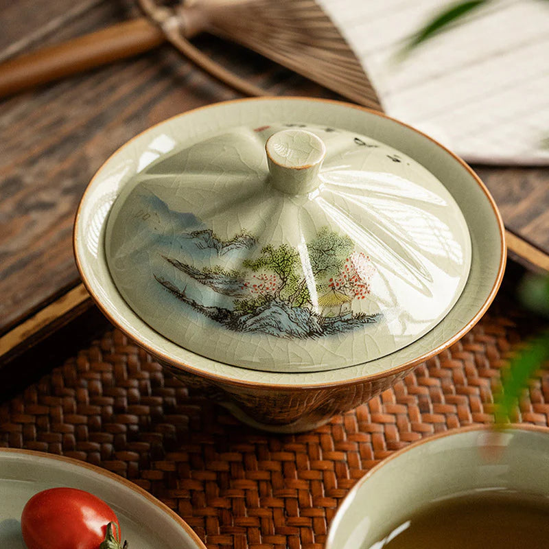 Buddha Stones Pine Mountain Forest Landscape Ceramic Gaiwan Sancai Teacup Kung Fu Tea Cup And Saucer With Lid (Extra 35% Off | USE CODE: FS35)