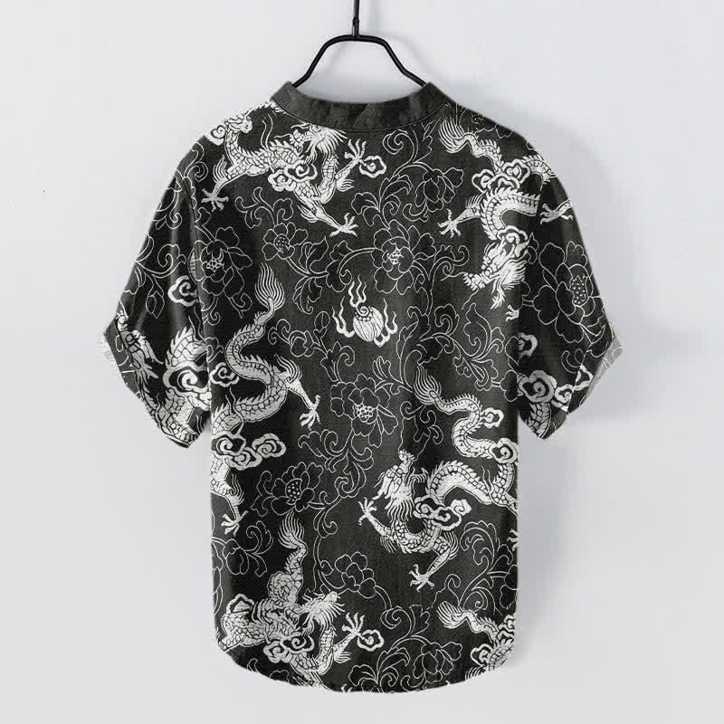 Buddha Stones Cotton Dragon Lotus Pattern Men's Short Sleeve Half Button Shirt