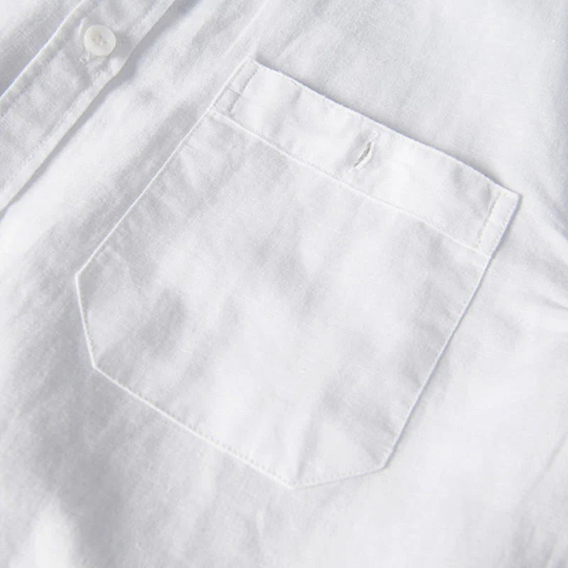 Buddha Stones Casual Daily Simple Buttons Design Stand Collar Men's Short Sleeve Cotton Linen Shirt With Front Pockets