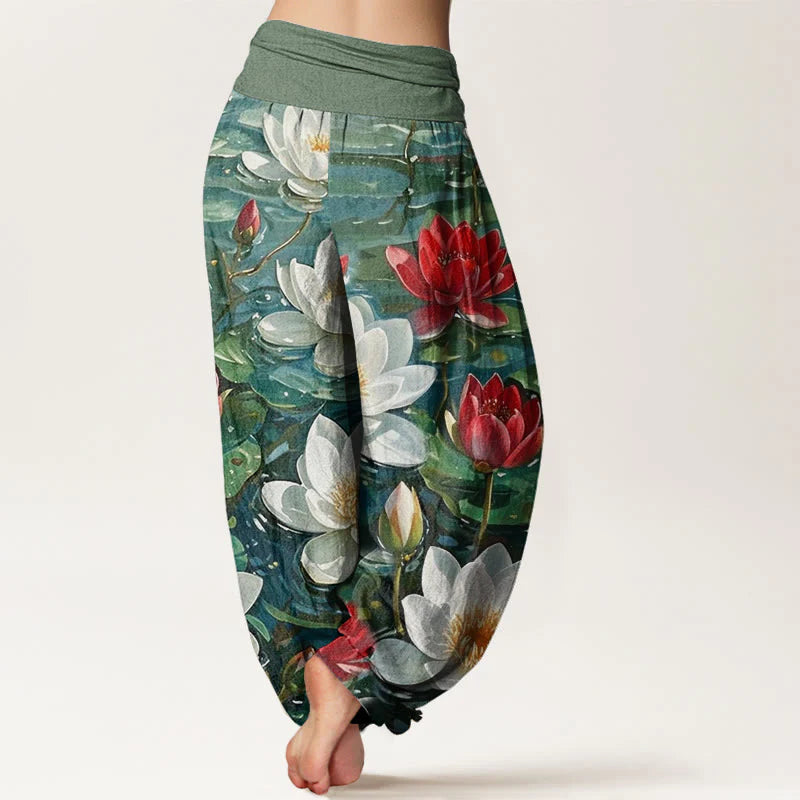 Buddha Stones Cotton Casual Blooming Red Lotus Flower Pattern Women's Elastic Waist Harem Pants