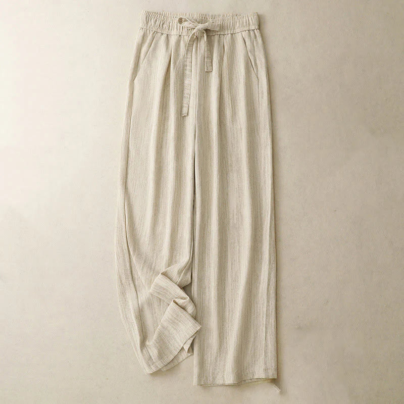 Buddha Stones Casual Summer Lace-Up Texture Design Women's Cotton Wide Leg Pants With Pockets