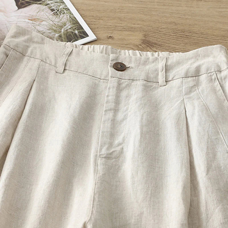 Buddha Stones Casual Retro Plain Women's Cotton Wide Leg Pants With Pockets Zipper