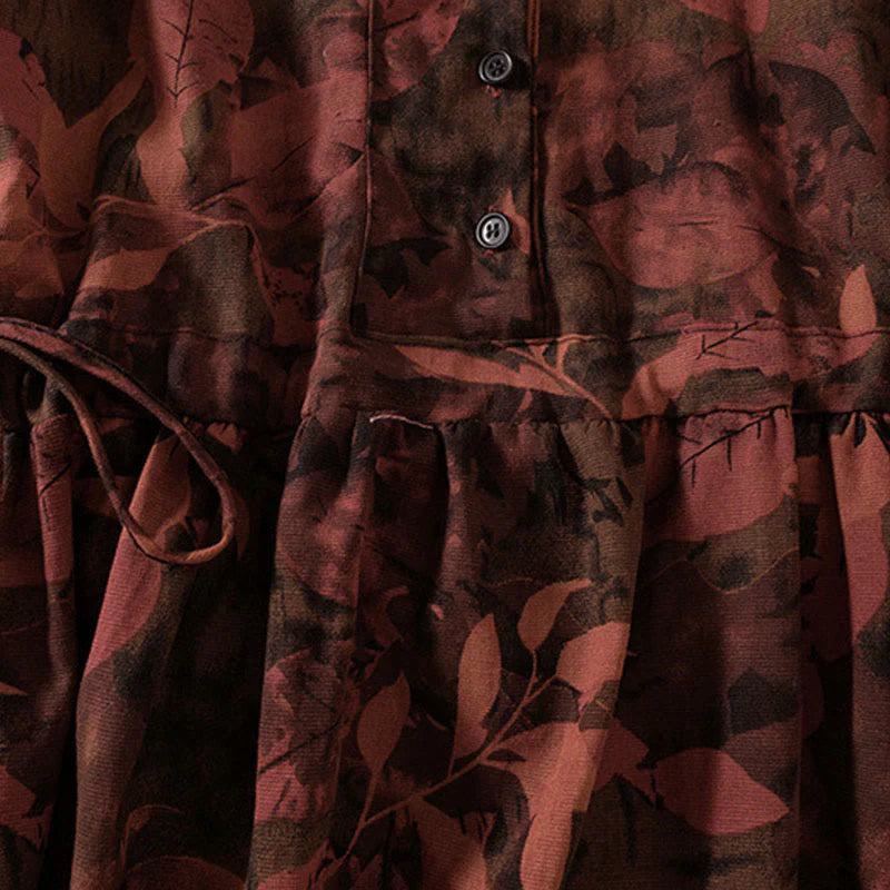 Buddha Stones Casual Flower Printed Pattern Buttons Design Long Sleeve Midi Dress With Pockets