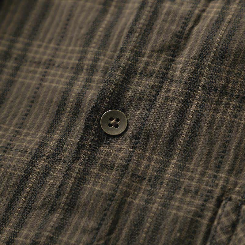 Buddha Stones Fall Commute Embroidery Plaid Pattern Men's Cotton Long Sleeve Shirts With Pocket