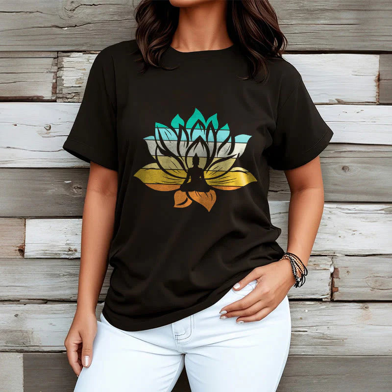 Buddha Stones Gradient-colored Lotus Flower Buddha Meditation Cotton Tee T-shirt
