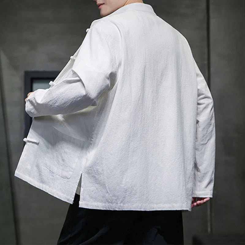 Buddha Stones Solid Color Frog-button Tang Suit Cotton Linen Men's Jacket Shirt With Pockets