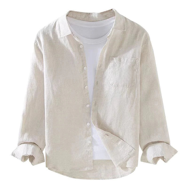 Buddha Stones Spring Men's Casual Pure Color Linen Long Sleeve Shirt With Pocket