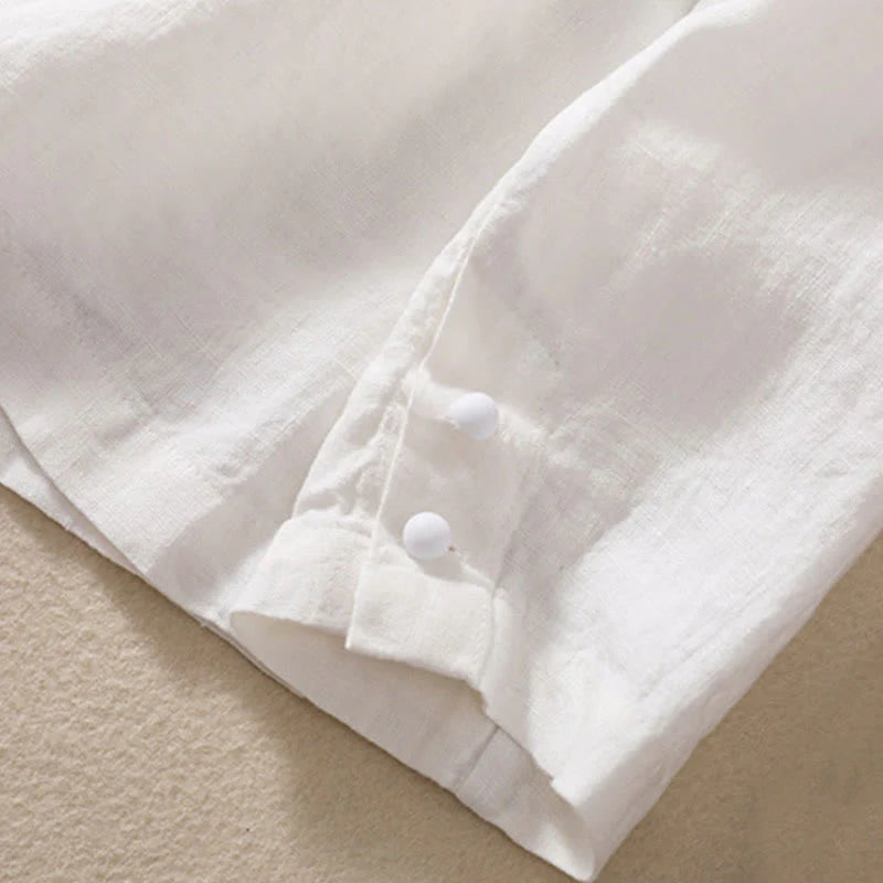 Buddha Stones Women's Cotton Linen Stand Collar Long Sleeve Shirt With Pockets