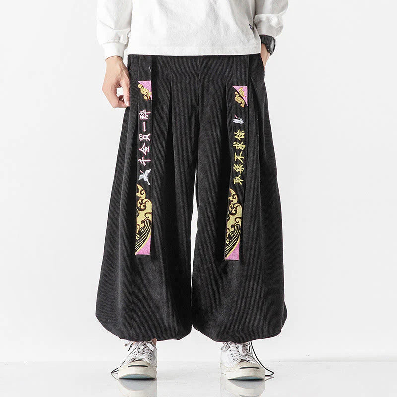 Buddha Stones Fall Winter Lace-up Chinese Character Embroidery Men's Corduroy Pants With Pockets