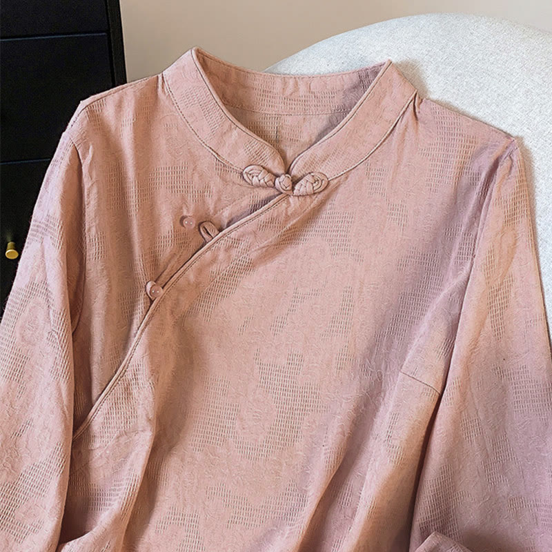 Buddha Stones Commute Jacquard Chinese Frog-Button Mandarin Collar Long Sleeve Women's Cotton Shirt