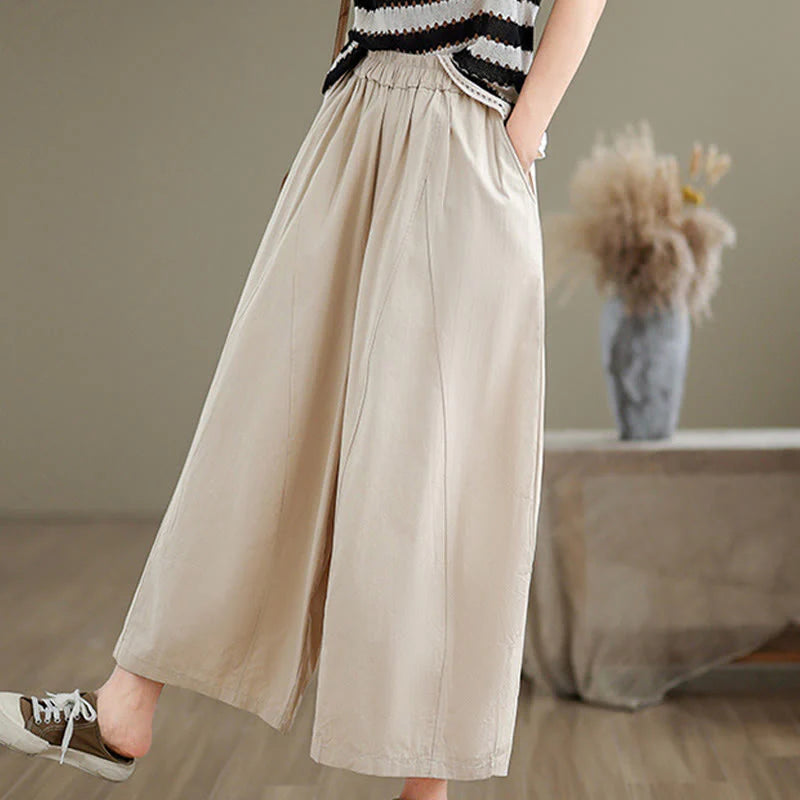 Buddha Stones Casual Plain Cotton Women's 7-8 Length Wide Leg Pants With Pockets