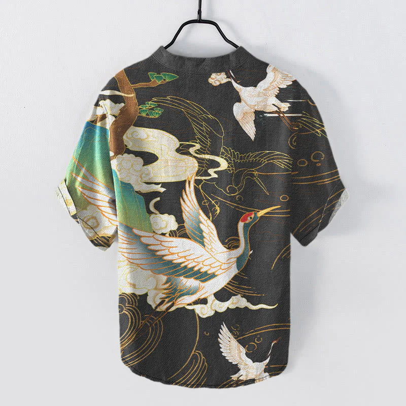 Buddha Stones Cotton Crane Auspicious Clouds Pine Pattern Men's Short Sleeve Half Button Shirt