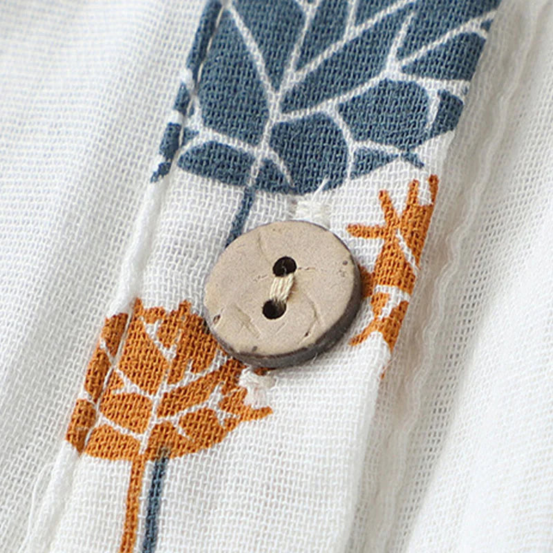 Buddha Stones Printed Half Button DesignThree Quarter Gathered Sleeve Women's Cotton Shirt