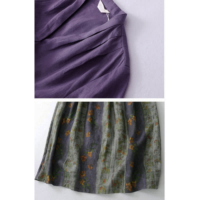 Buddha Stones Summer V Neck Drawstring Waist Floral Short Sleeve Below Knee Dress With Pockets