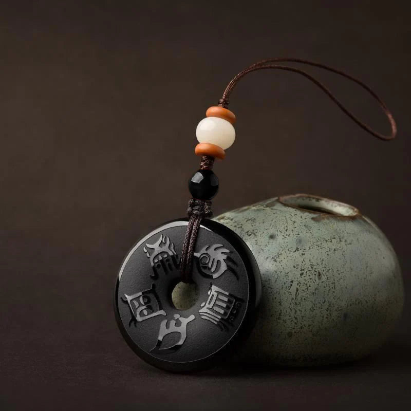Buddha Stones Black Obsidian Taoism Five Sacred Mountains Carved Strength Peace Buckle Necklace Pendant Key Chain Phone Hanging Decoration
