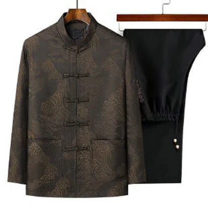Buddha Stones 2Pcs Commute Tang Suit Frog-Button Men's Long Sleeve Shirt Pants Cotton Clothing Set