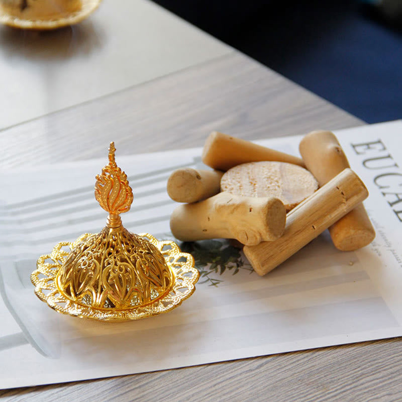 Buddha Stones Gold Alloy Healing Mini Incense Burner With Wooden Coaster Home Decor