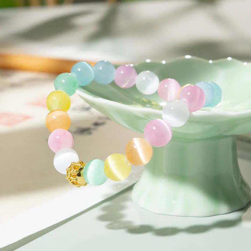 Buddha Stones Hollow Design Multicolor Cat's Eye Round Beads Positive Bracelet