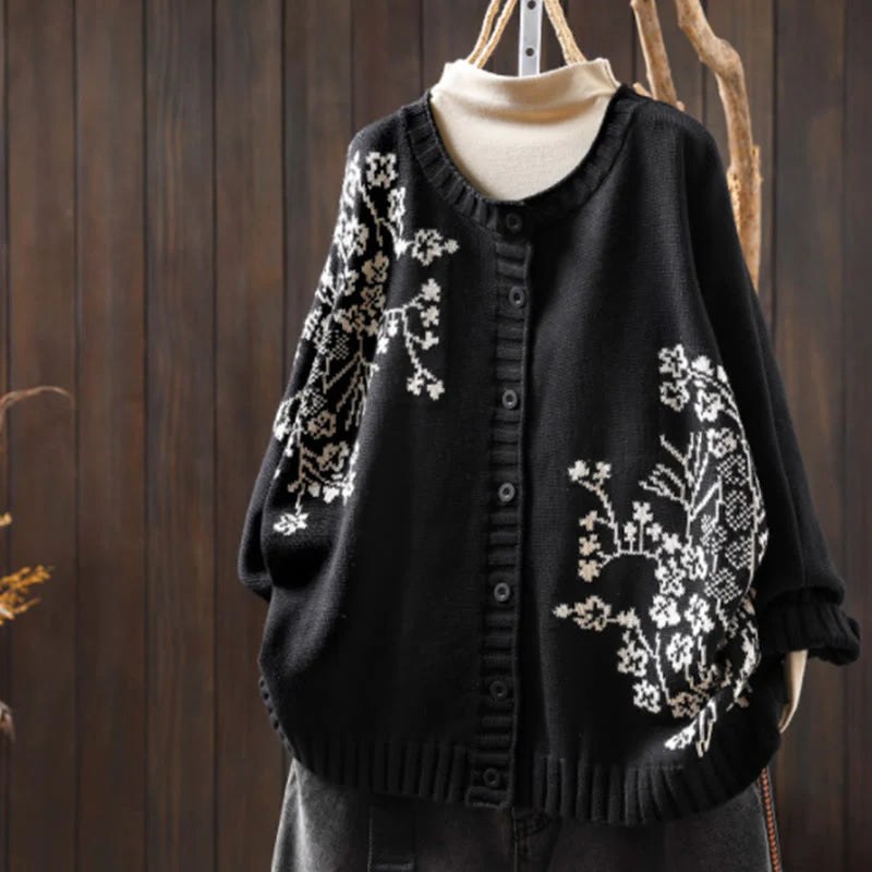 Buddha Stones Floral Buttons Cotton Women's Long Batwing Sleeve Knitted Cardigan