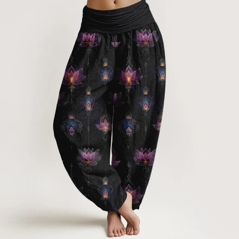 Buddha Stones Cotton Gorgeous Lotus Lantern Pattern Women's Elastic Waist Harem Pants