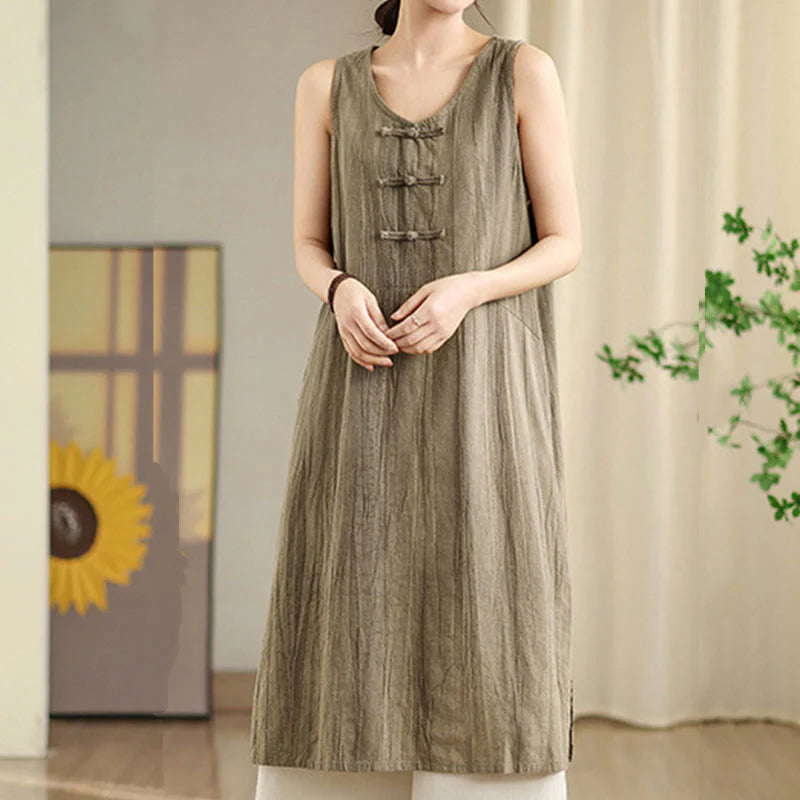 Buddha Stones Tie Dye Chinese Frog-Button RamieÂ Linen Sleeveless Midi Dress With Pockets