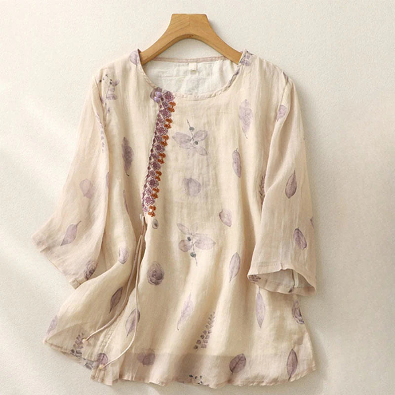 Buddha Stones Embroidery Design Leaves Women's Cotton Linen Three Quarter Sleeve Shirt