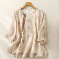 Buddha Stones Embroidery Design Leaves Women's Cotton Linen Three Quarter Sleeve Shirt
