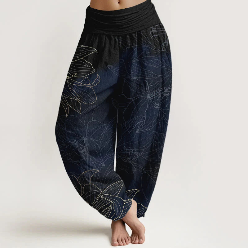 Buddha Stones Pure Cotton Minimalist Style Flower Pattern Women's Elastic Waist Harem Pants