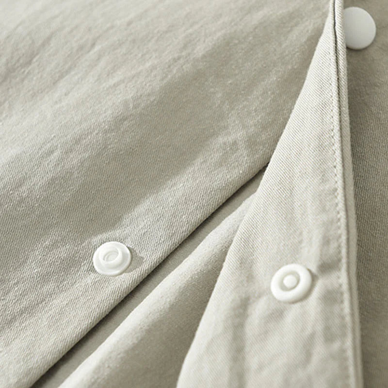 Buddha Stones Simple Solid Color Buttons Down Men's Stand Collar Long Sleeve Cotton Shirt