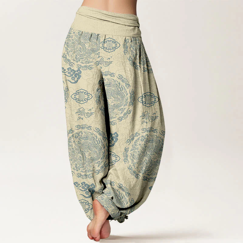 Buddha Stones Cotton Light Color Dragon Cloud Pattern Women's Elastic Waist Harem Pants