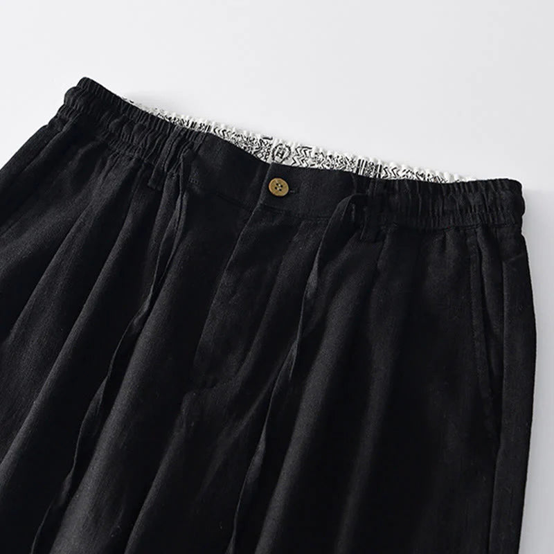 Buddha Stones Fall Solid Drawstring Zipper Men's Linen Wide Leg Pants With Pockets