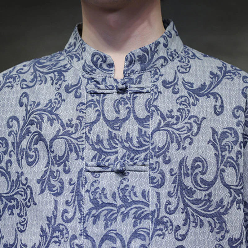 Buddha Stones Summer Floral Vine Pattern Tang Suit Men's Frog-Button Short Sleeve Shirt With Pockets