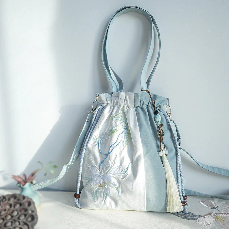 Buddha Stones Embroidered Green Pear Blue Epiphyllum Canvas Tote Crossbody Bag Shoulder Bag Handbag