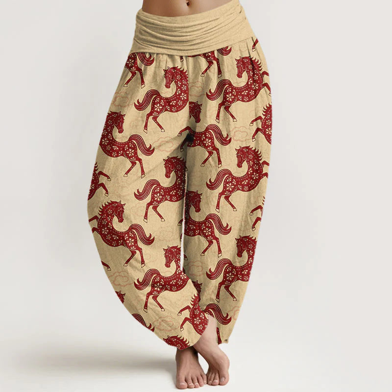 Buddha Stones Cotton Gorgeous Horse Cloud Pattern Women's Elastic Waist Harem Pants
