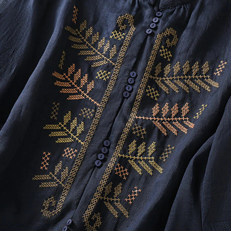 Buddha Stones Casual Artistic Embroidery Leaves Pattern Women's Cotton Linen Three Quarter Sleeve Shirt Cardigan