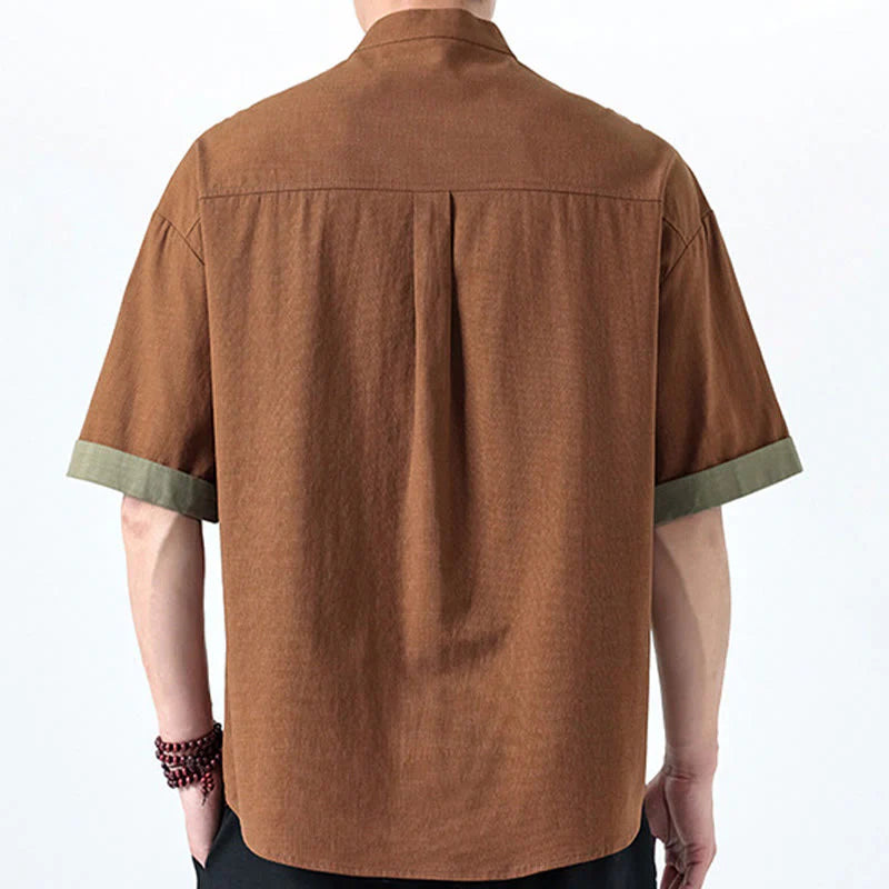 Buddha Stones Spring Color Contrast Chinese Frog-Button Design Men's Half Sleeve Cotton Linen Shirt