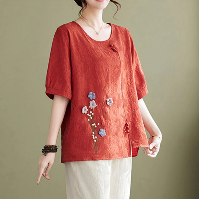 Buddha Stones Three-dimensional Flowers Design Crew Neck Short Sleeve Cotton Women's Shirt