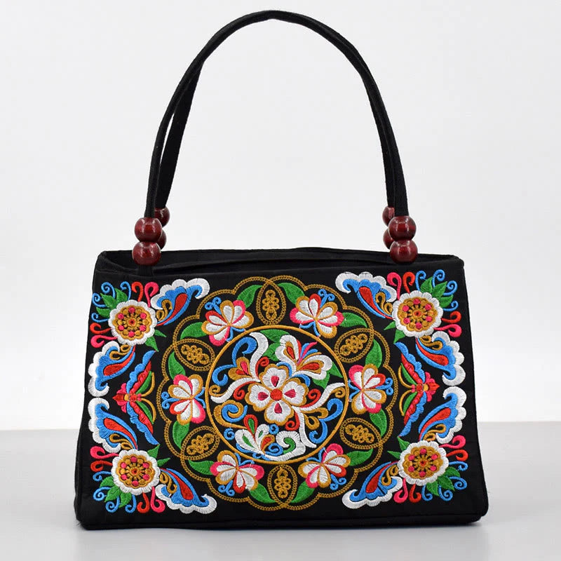 Buddha Stones Galsang Inula Flower Peony Peacock Double-Sided Embroidery Canvas Shopping Purse Handbag
