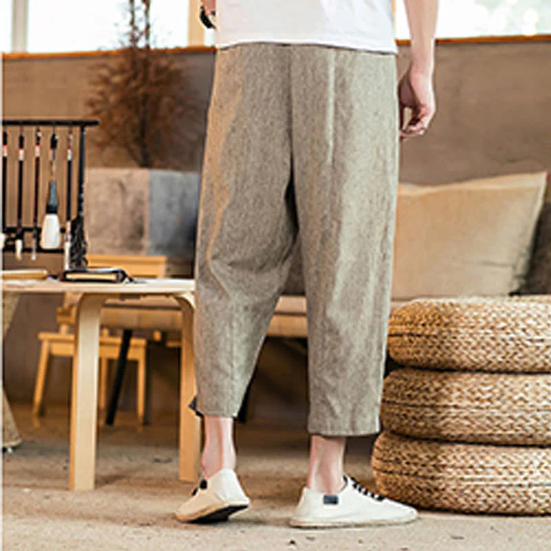 Buddha Stones Casual Solid Color Drawstring Men's Elastic Waistband Cotton Linen Pants With Pockets
