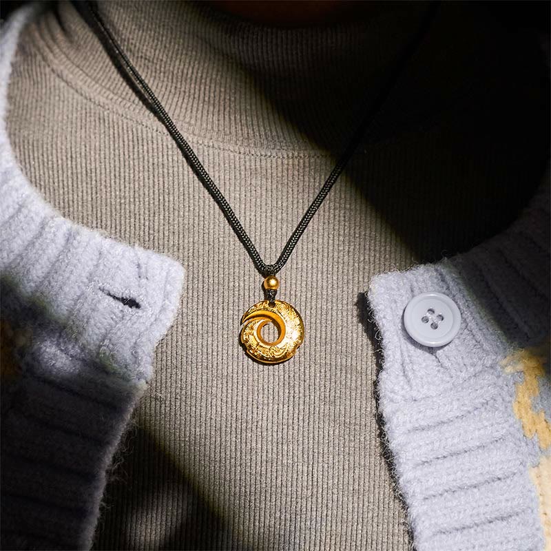 Buddha Stones 24k Gold Plated Brass Peace Buckle Black Rope Auspicious Necklace Pendant