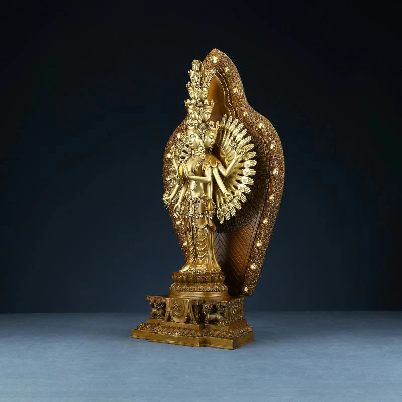 Buddha Stones Handmade Thousand-armed Avalokitesvara Kwan Yin Wealth Brass Copper Statue Decoration