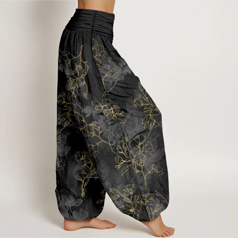 Buddha Stones Cotton Fresh Flower Bud Pattern Women's Elastic Waist Harem Pants