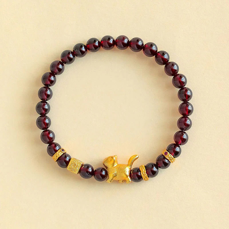 Buddha Stones Cute Lucky Cat Charm Garnet Cinnabar Calm Protection Beaded Bracelet