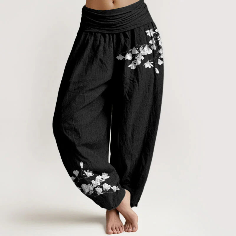 Buddha Stones Pure Cotton Minimalist Style Magnolia Flower Pattern Women's Elastic Waist Harem Pants